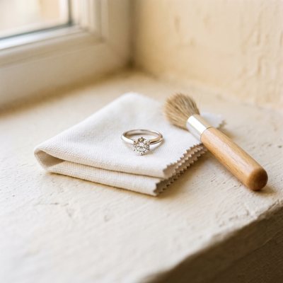 A diamond ring on a polishing cloth beside a soft jeweller's brush