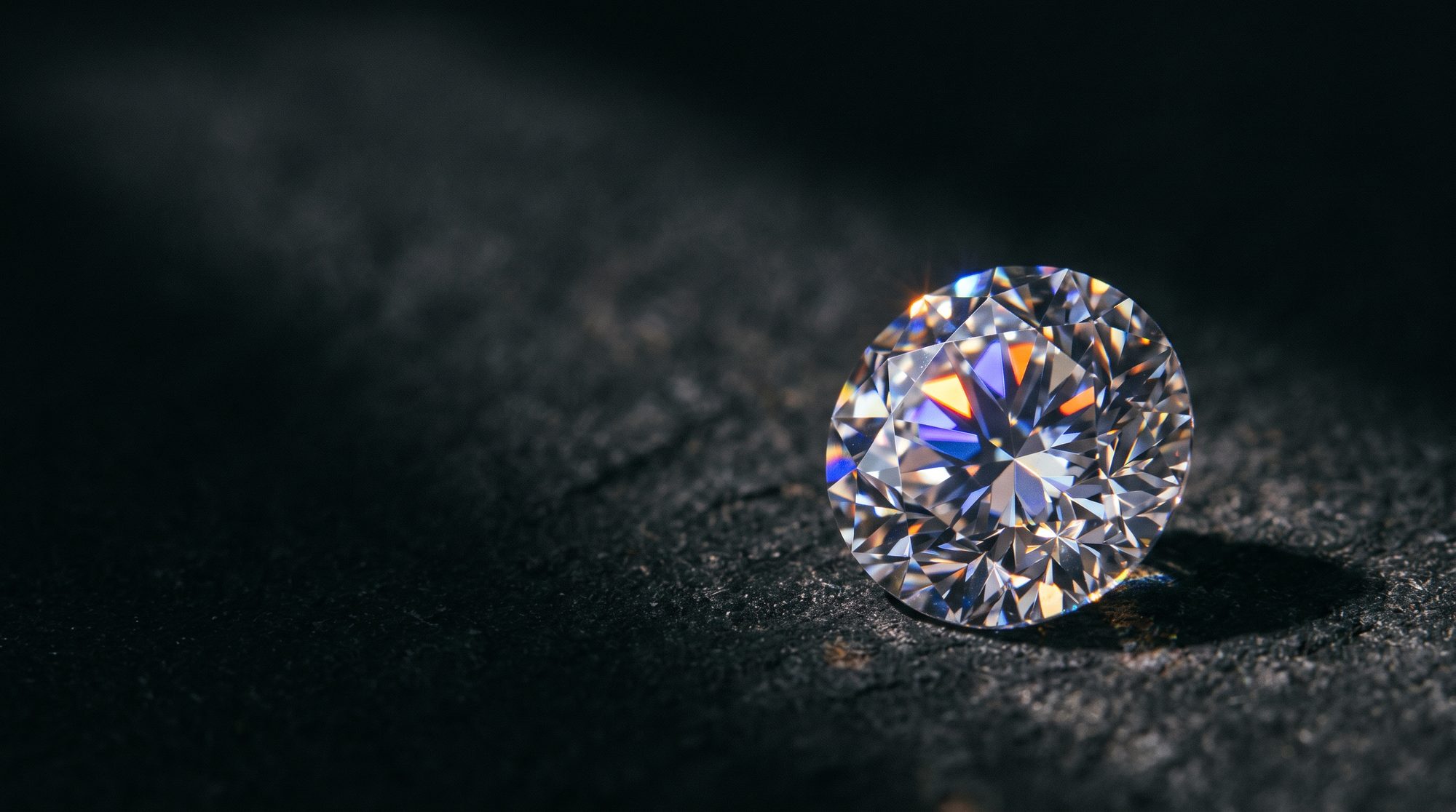A brilliant-cut diamond throwing fire on a dark surface
