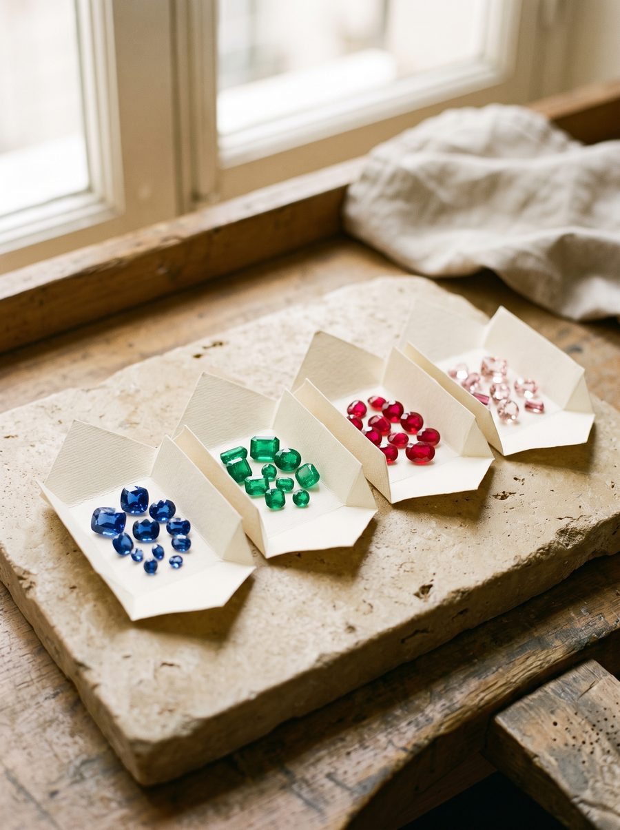 Loose coloured gemstones sorted in paper parcels