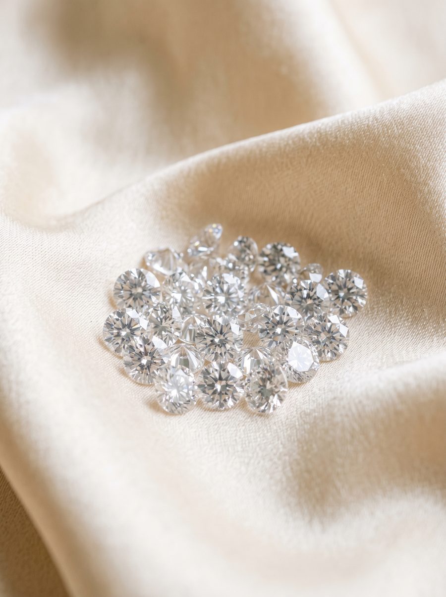 Loose lab-grown brilliant diamonds on ivory silk
