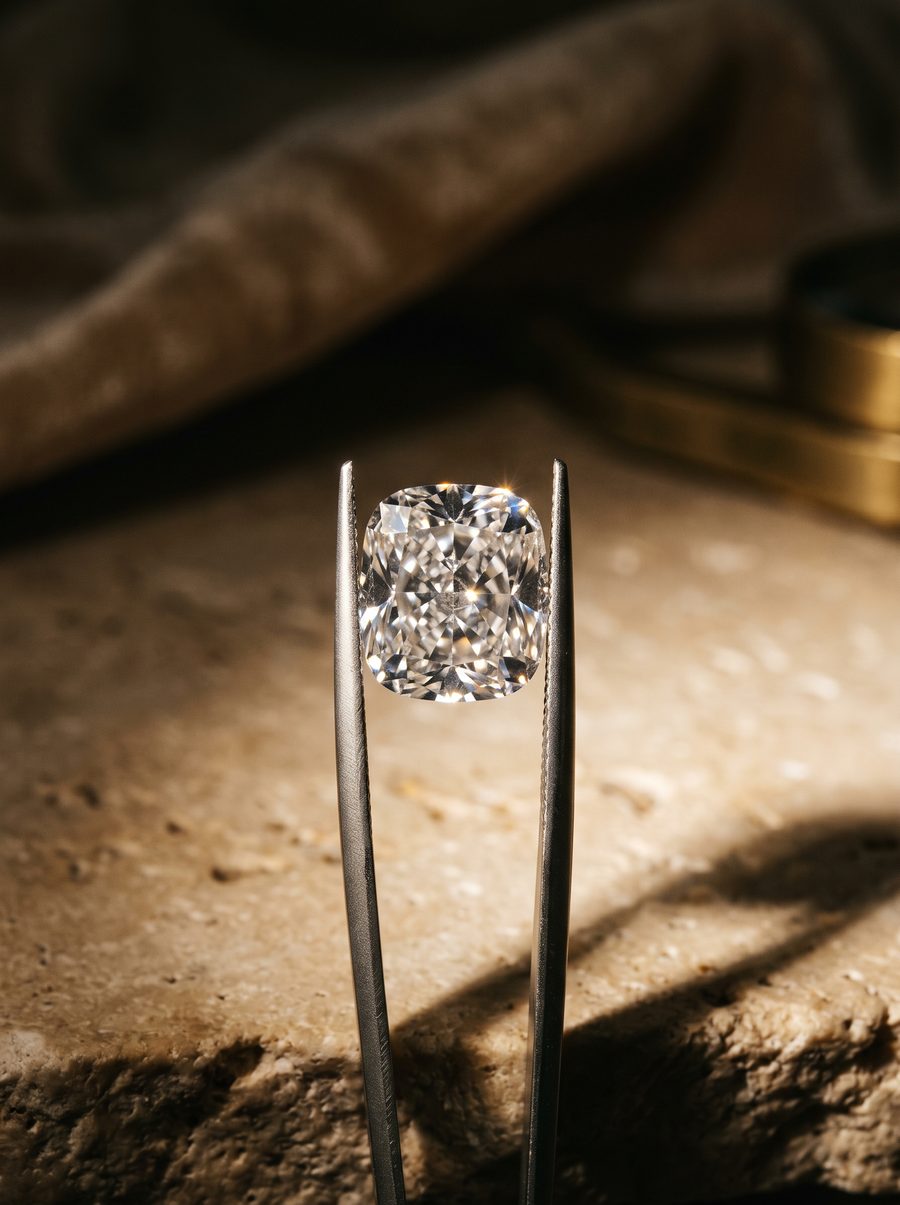 A natural diamond held in tweezers against warm stone