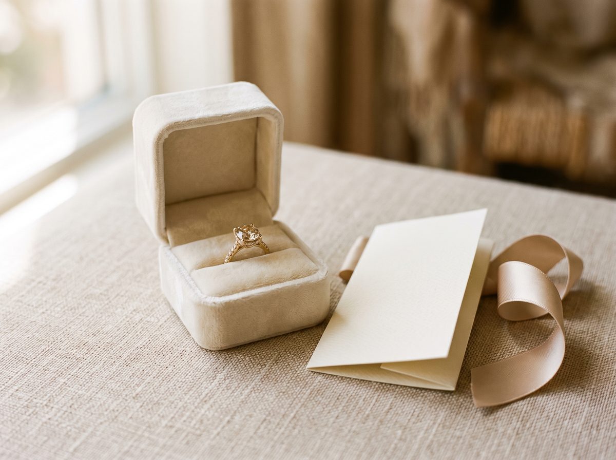 An ivory ring box with certificate and satin ribbon on linen