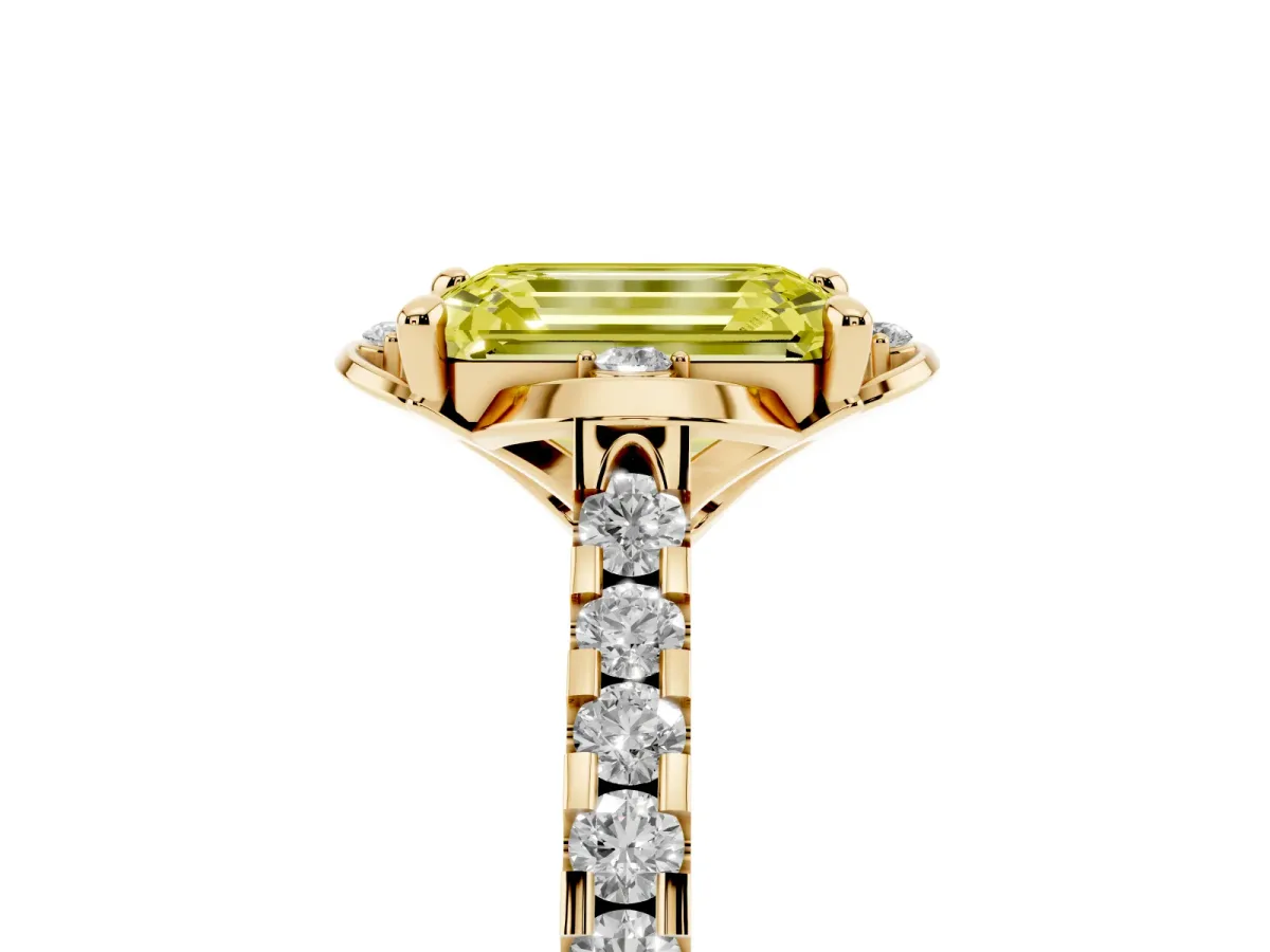 Fancy Yellow Emerald Cut Diamond Ring with Pavé Band and Floral Prong Setting Yellow gold