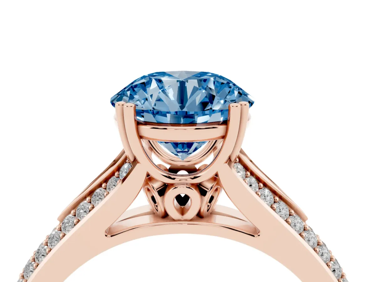 Fancy Blue Round Cut Diamond Split Shank Engagement Ring with Pavé Band Rose gold