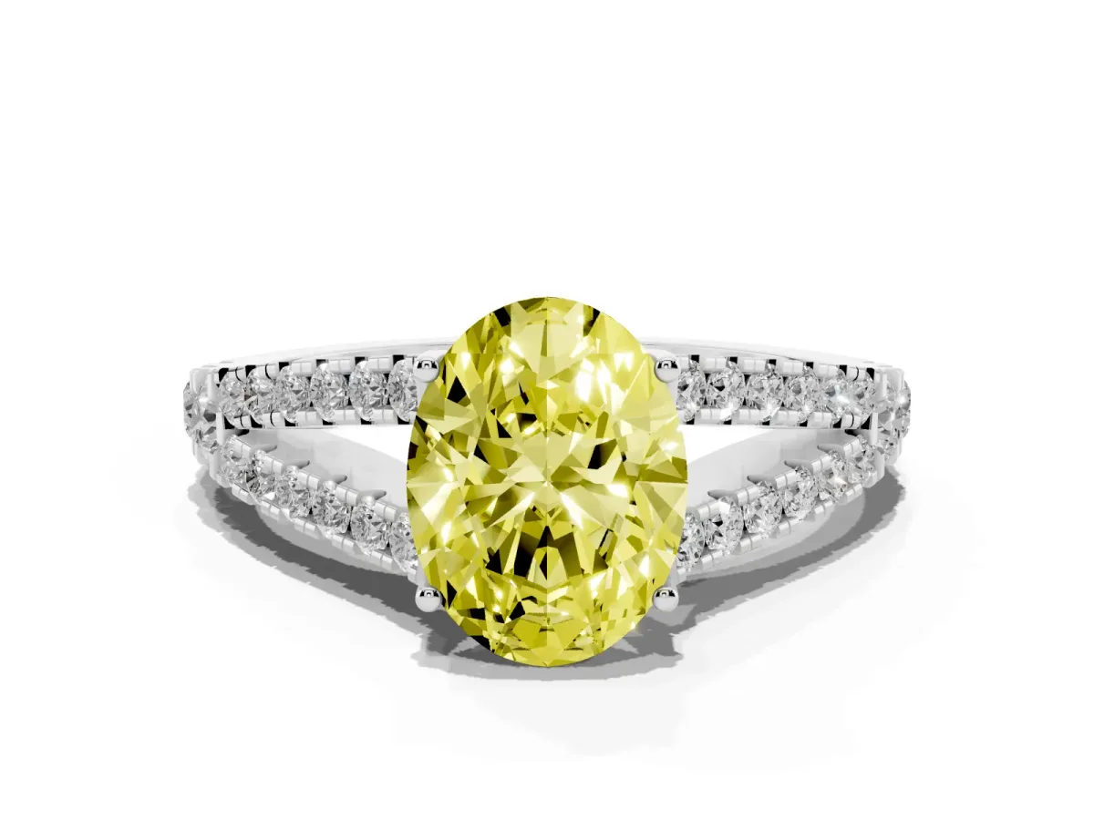Fancy Yellow Oval Cut Diamond Split Shank Pavé Engagement Ring with Four-Prong Setting White gold