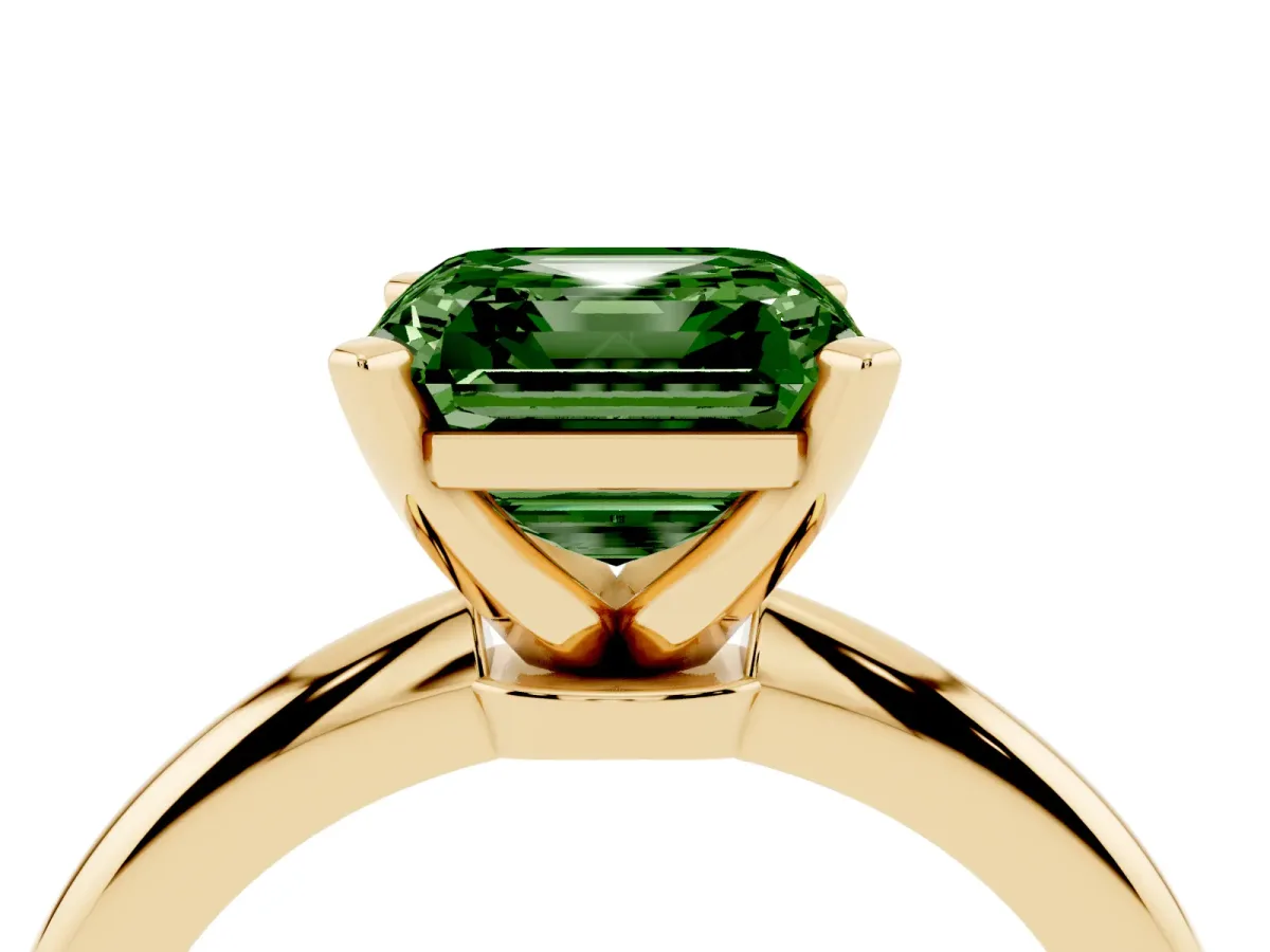 Fancy Green Asscher Cut Diamond Solitaire Ring with Prong Setting and Classic Band Yellow gold