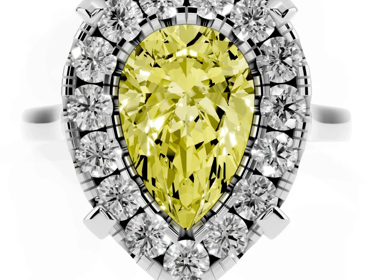 Fancy Yellow Pear Cut Diamond Cluster Halo Solitaire with Four-Prong Setting Silver