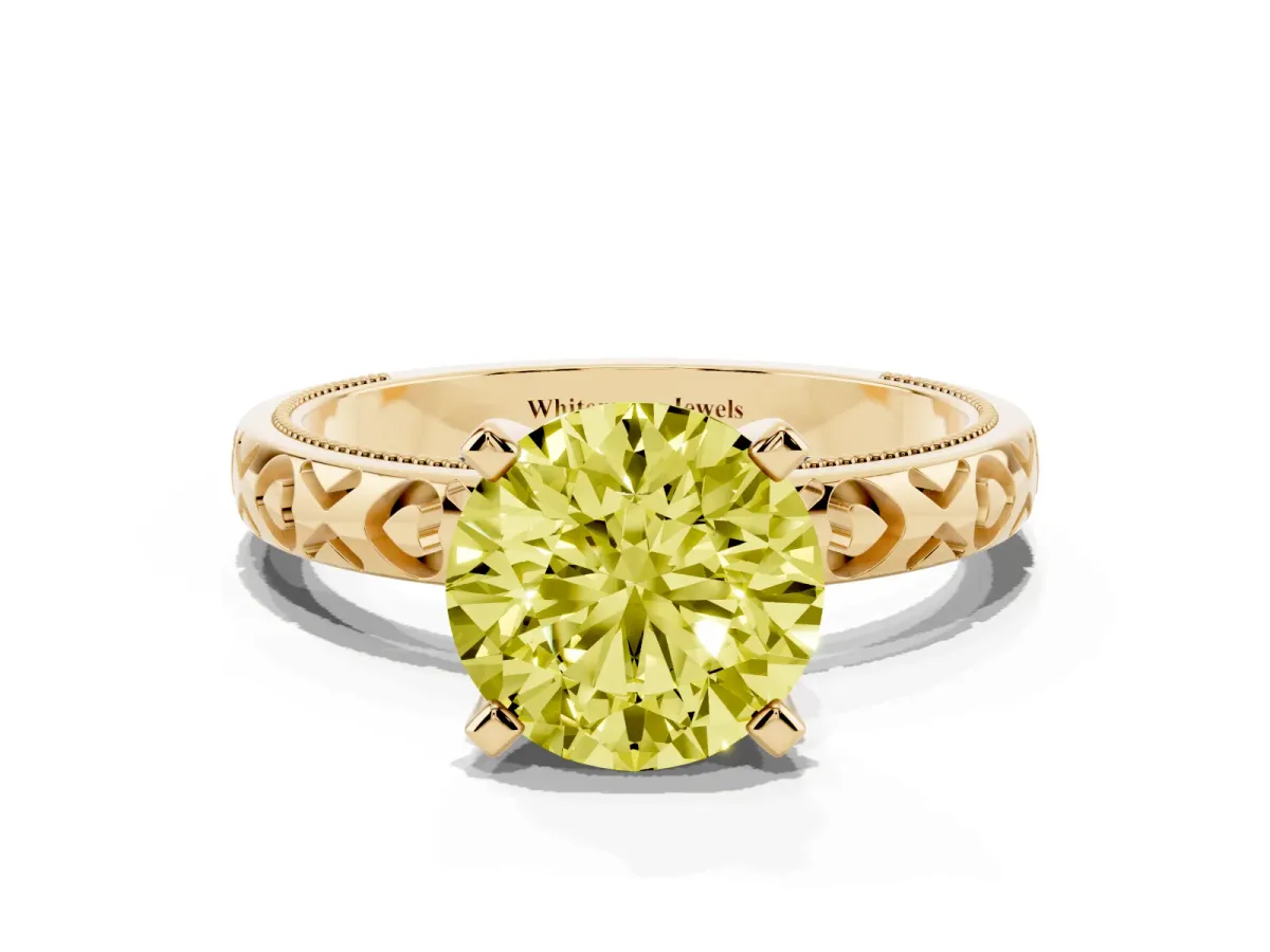 Fancy Yellow Round Cut Solitaire Diamond Engagement Ring with XO Engraved Band and Four-Prong Setting Yellow gold