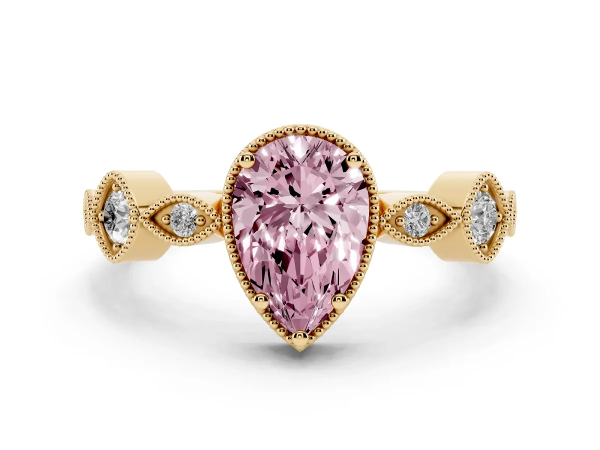 Fancy Pink Pear Cut Diamond Vintage Milgrain Ring with Round Stations Yellow gold