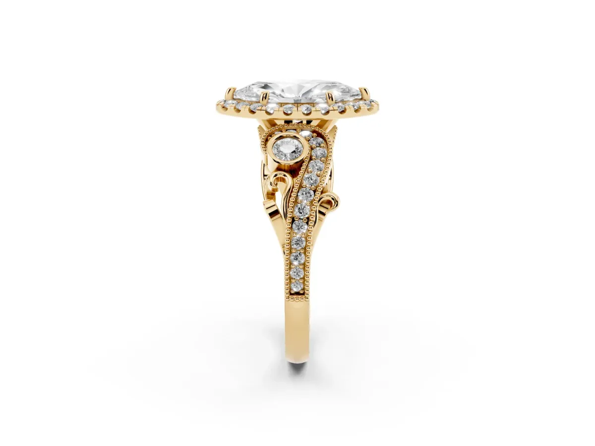 Marquise Cut Diamond Halo Ring with Milgrain Pavé Band and Four-Prong Setting Yellow gold