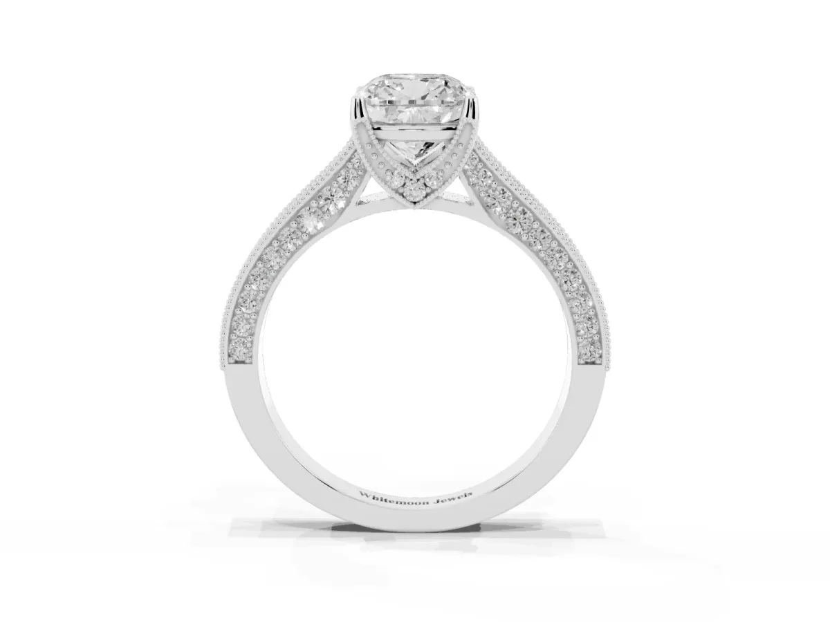 Cushion Cut Cut Diamond Solitaire Ring with Milgrain Pave Band and Four Prong Setting Silver