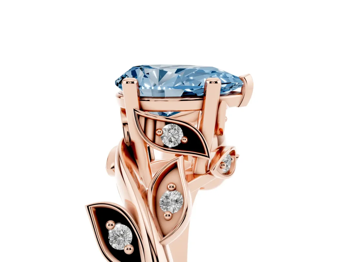 Fancy Blue Pear Cut Solitaire Twist Engagement Ring with Leaf Accents and Prong Setting Rose gold