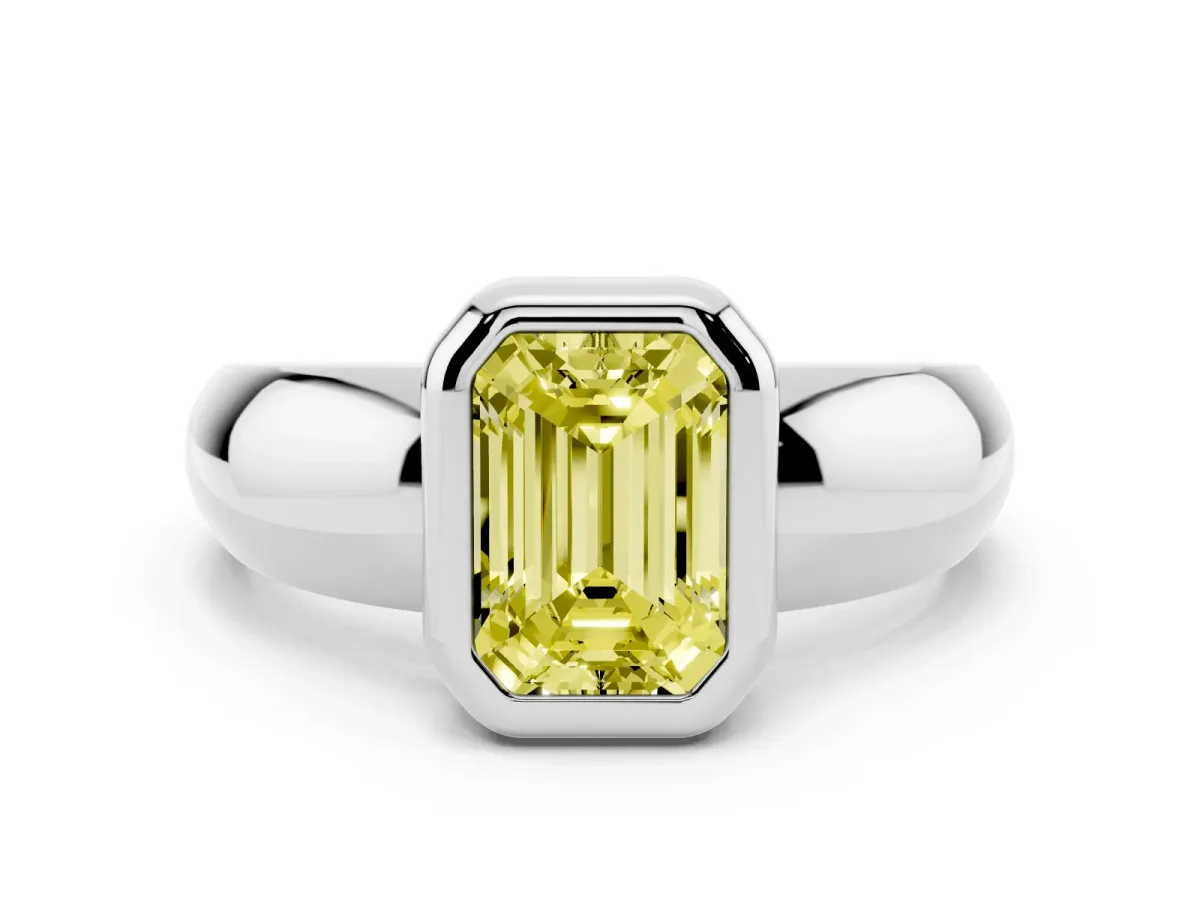 Fancy Yellow Bezel Set Emerald Cut Solitaire Ring with Wide Band White gold