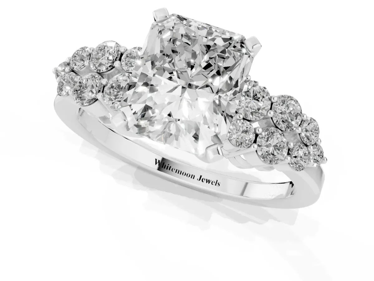 Radiant Cut Cluster Diamond Engagement Ring with Pavé Band and Four-Prong Setting Silver
