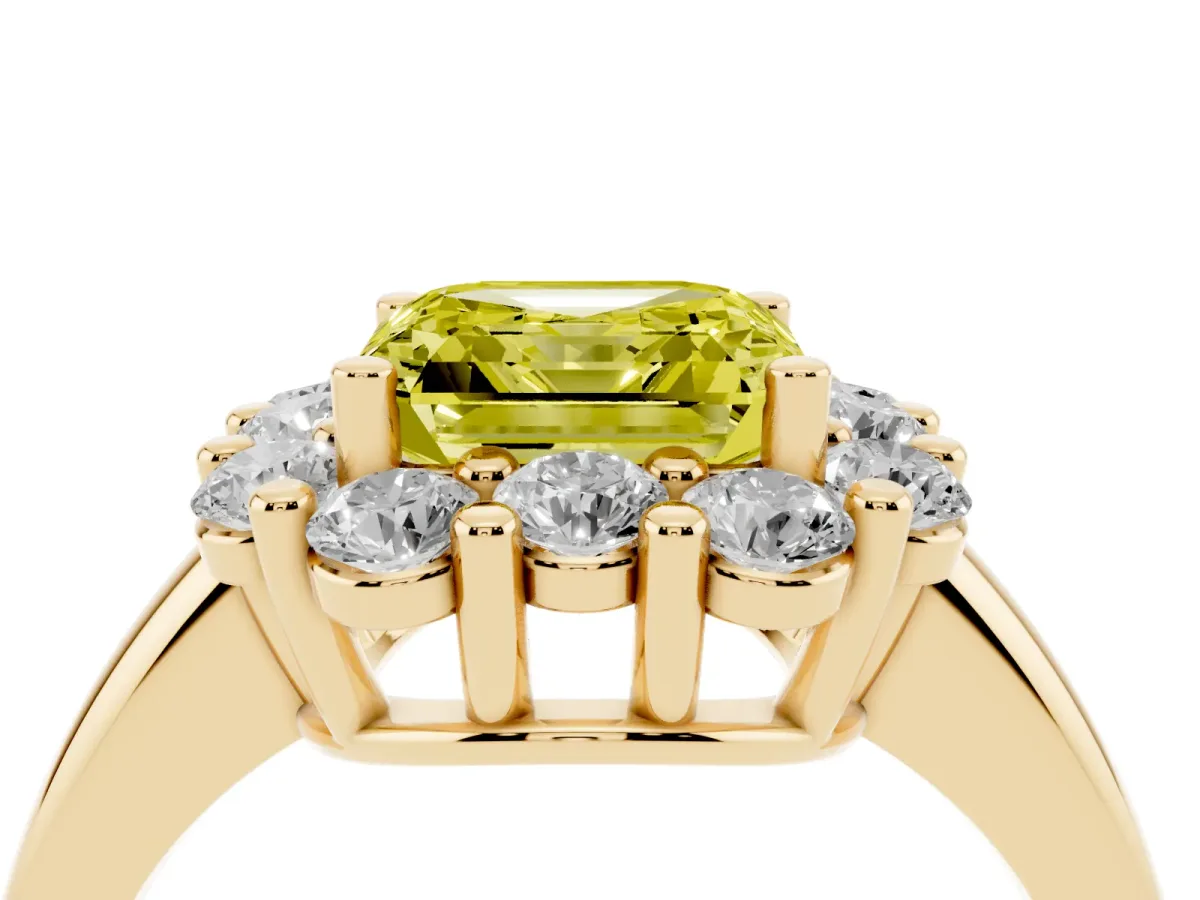 Fancy Yellow Asscher Cut Halo Cluster Diamond Engagement Ring with Prong Setting and Polished Band Yellow gold