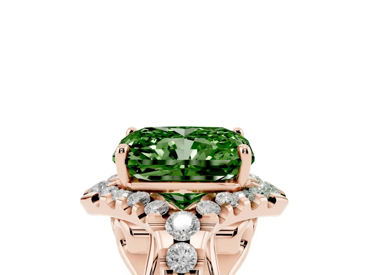 Fancy Green Radiant Cut Diamond Solitaire Ring with Hidden Halo and Pavé Band Rose gold