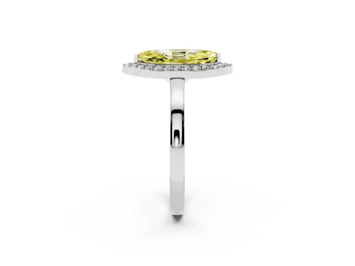 Fancy Yellow Marquise Cut Halo Diamond Ring with Solitaire Band and Prong Setting Silver