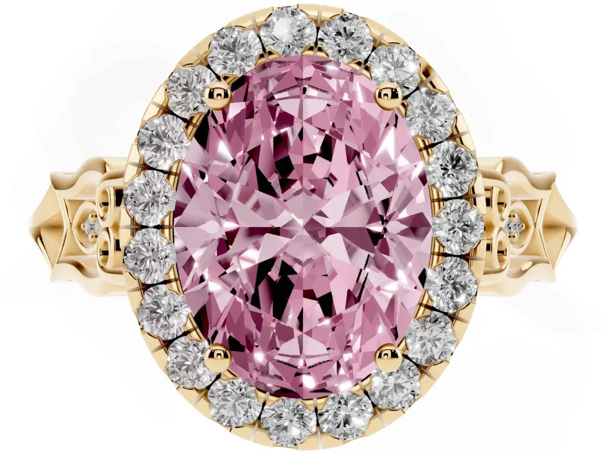 Fancy Pink Oval Cut Halo Diamond Engagement Ring with Filigree Band and Four-Prong Setting Yellow gold
