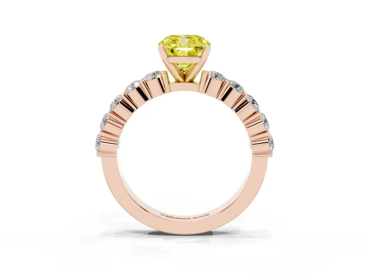 Fancy Yellow Cushion Cut Diamond Solitaire Ring with Shared Prong Round Side Stones Rose gold