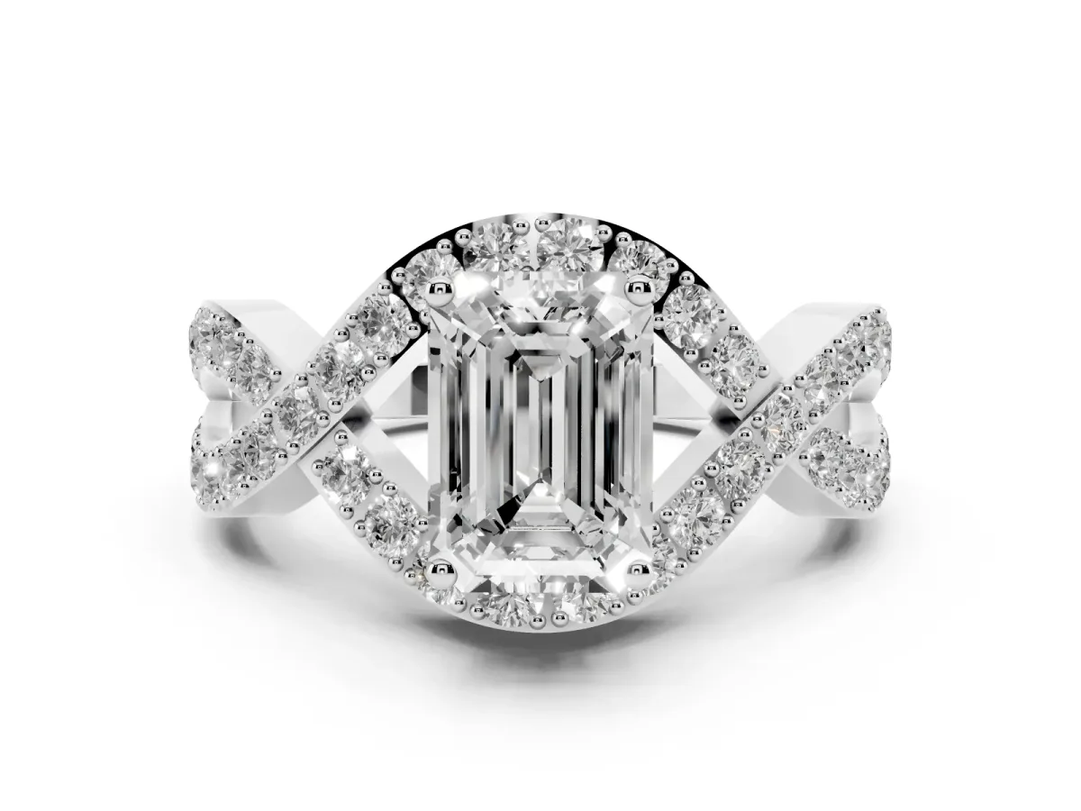 Emerald Cut Solitaire Twist Band Pavé Diamond Engagement Ring Silver