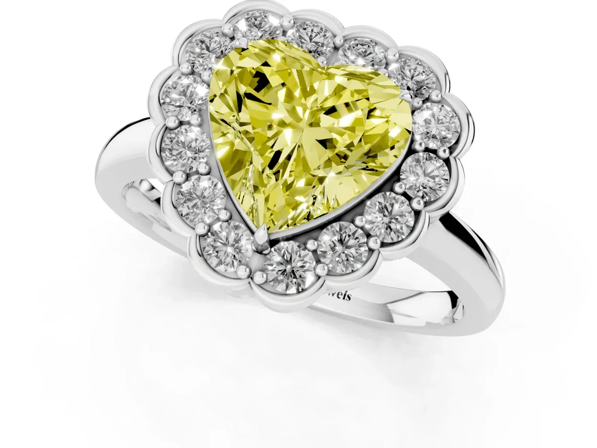 Fancy Yellow Heart Cut Halo Cluster Diamond Engagement Ring with Solitaire Band and Prong Setting Platinum