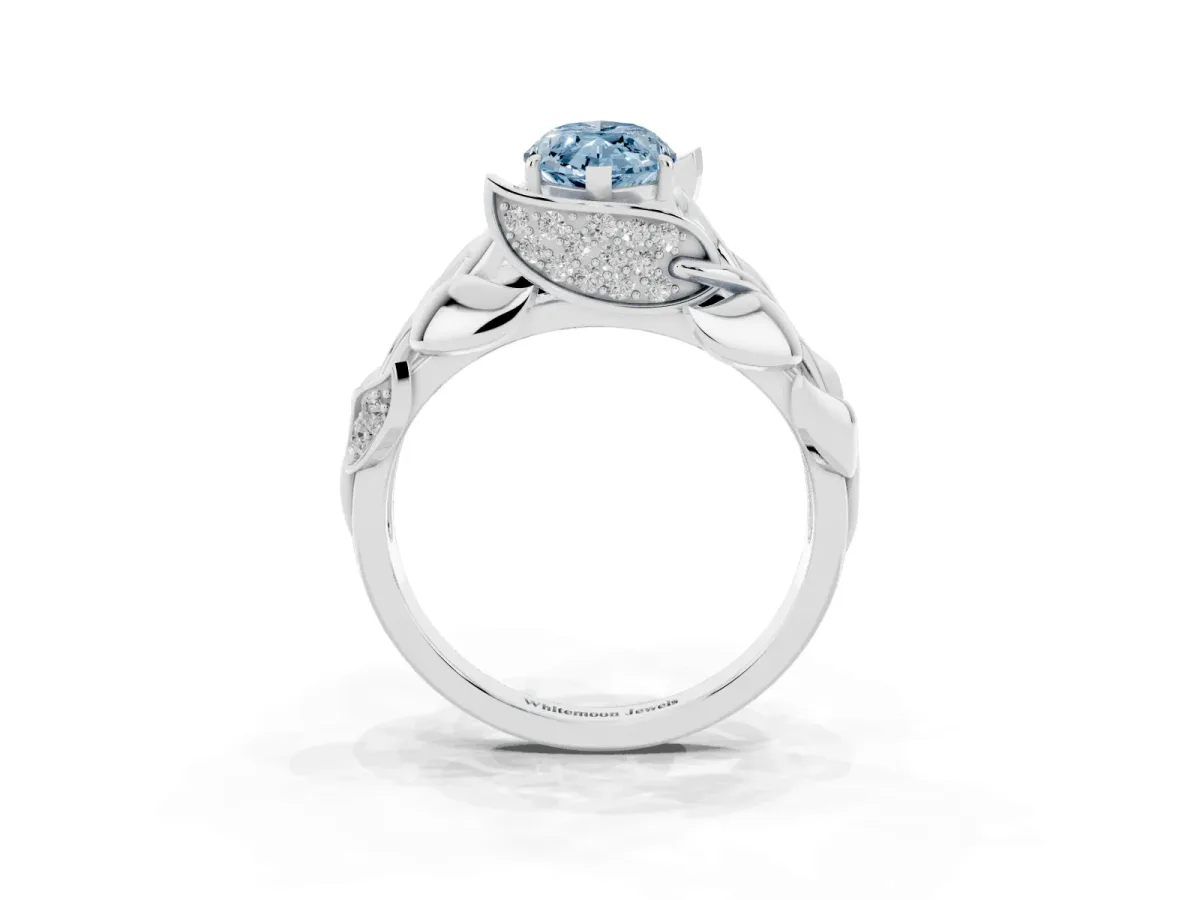 Fancy Blue Marquise Cut Diamond Leaf-Inspired Engagement Ring with Round Accents and Prong Setting Silver