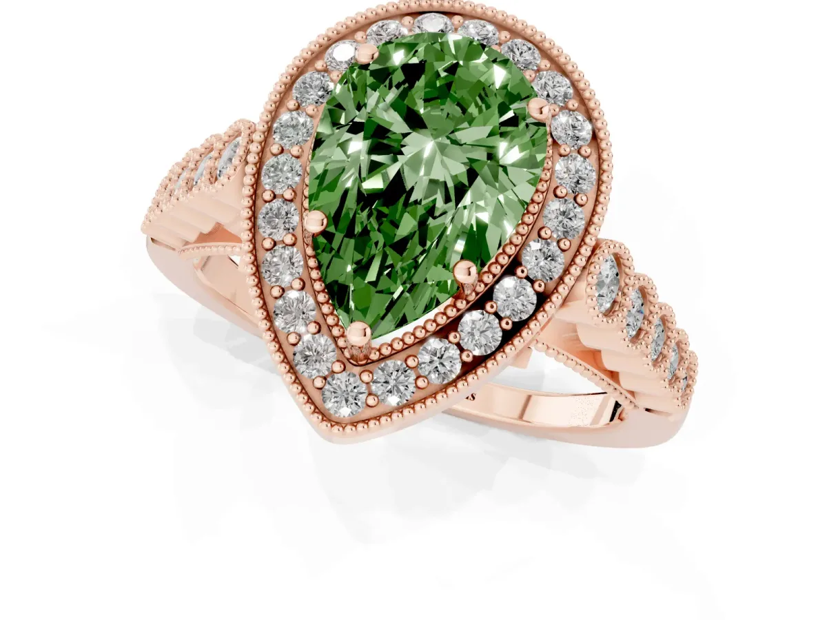 Fancy Green Pear Cut Halo Twist Band Solitaire Ring with Six-Prong Setting Rose gold