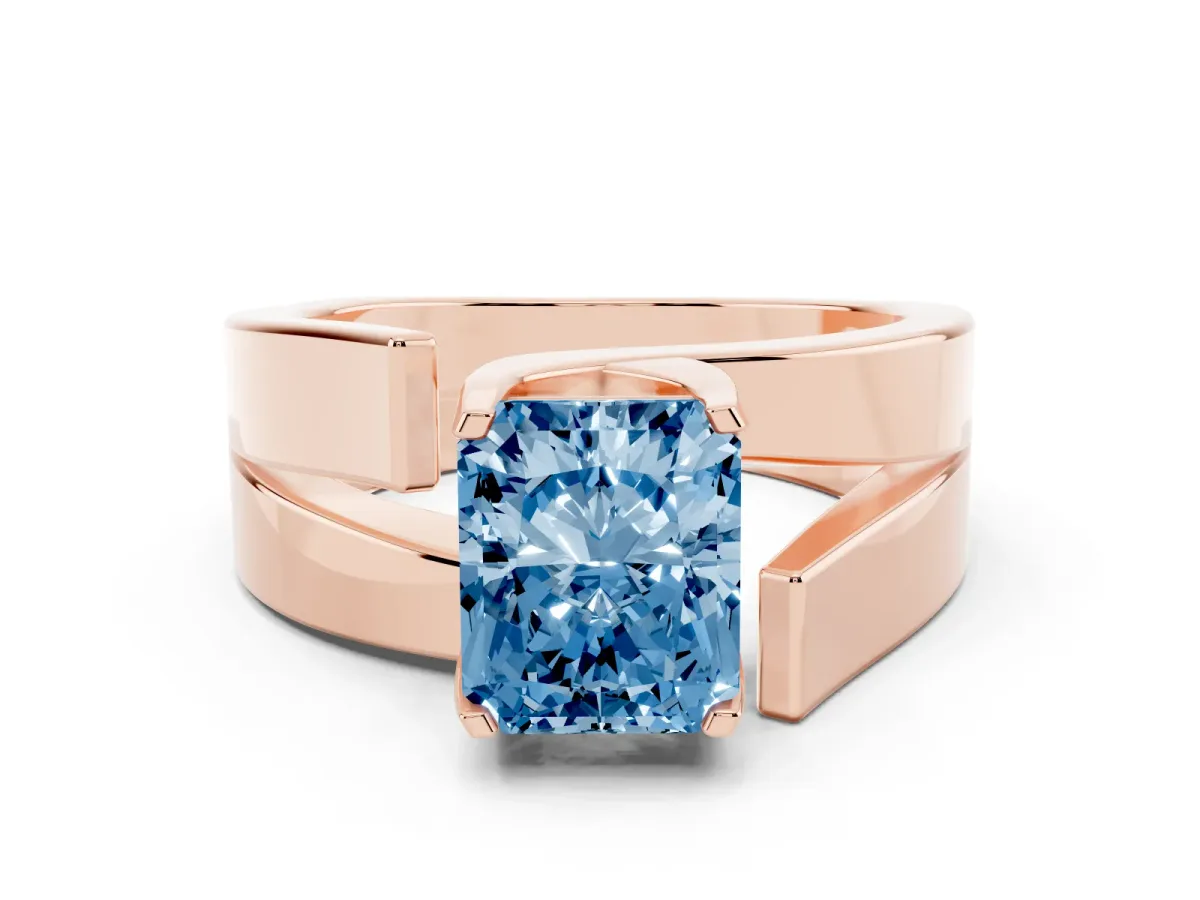 Fancy Blue Modern Tension Set Radiant Cut Diamond Solitaire Wide Band Ring Rose gold