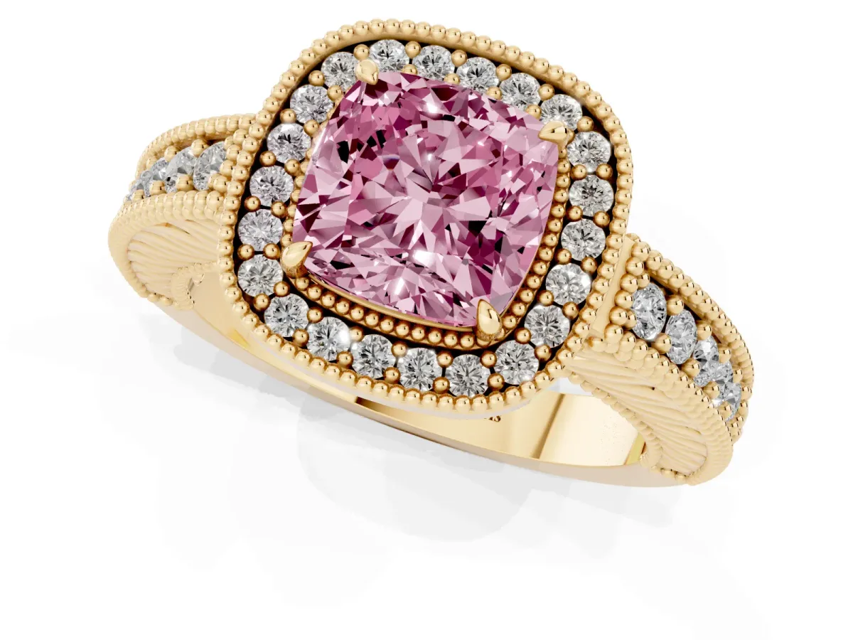 Fancy Pink Cushion Cut Cut Halo Diamond Ring with Pavé Band and Four-Prong Setting Yellow gold