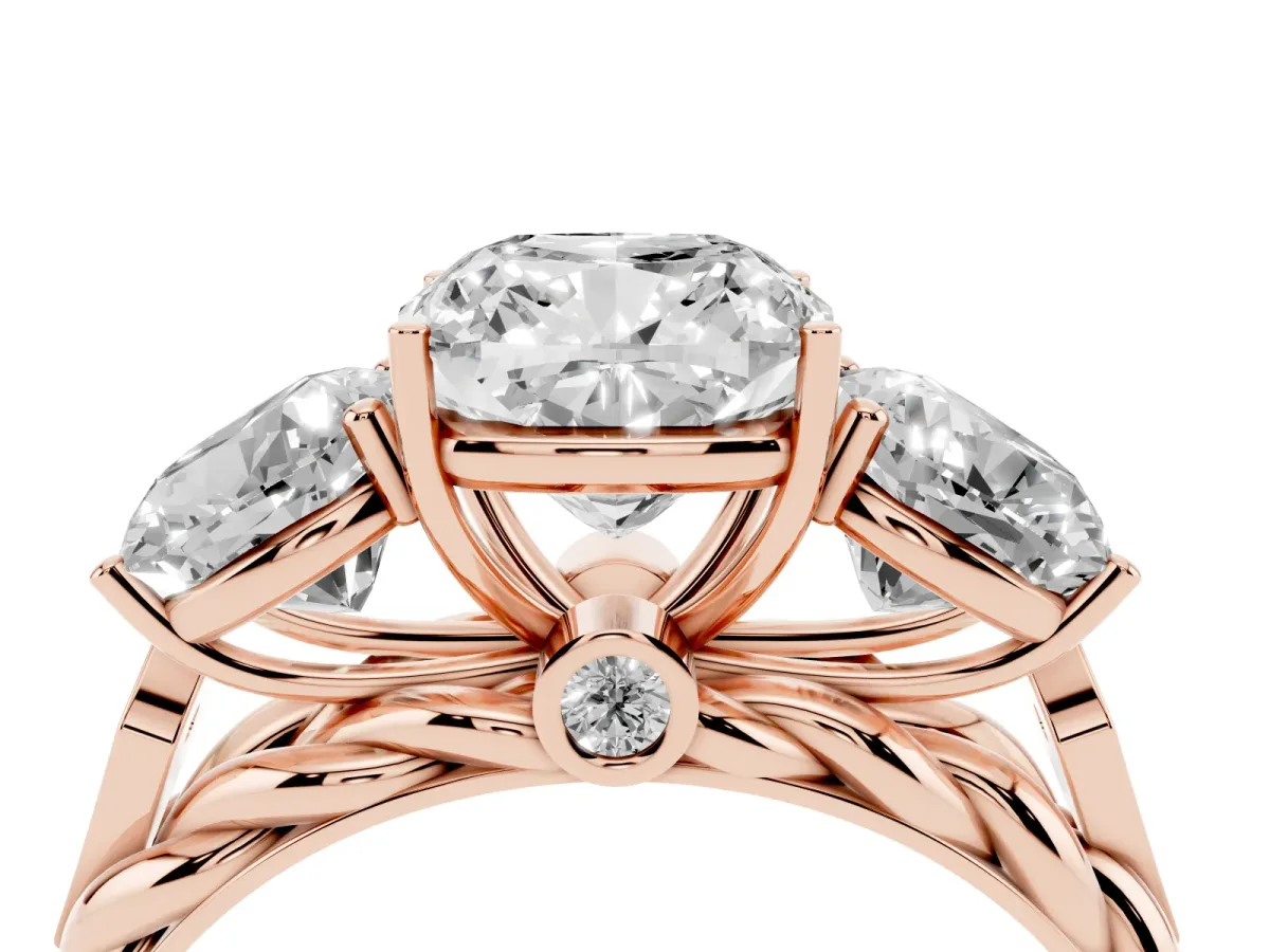 Three-Stone Cushion Cut Diamond Braided Band Ring with Four-Prong Setting Rose gold