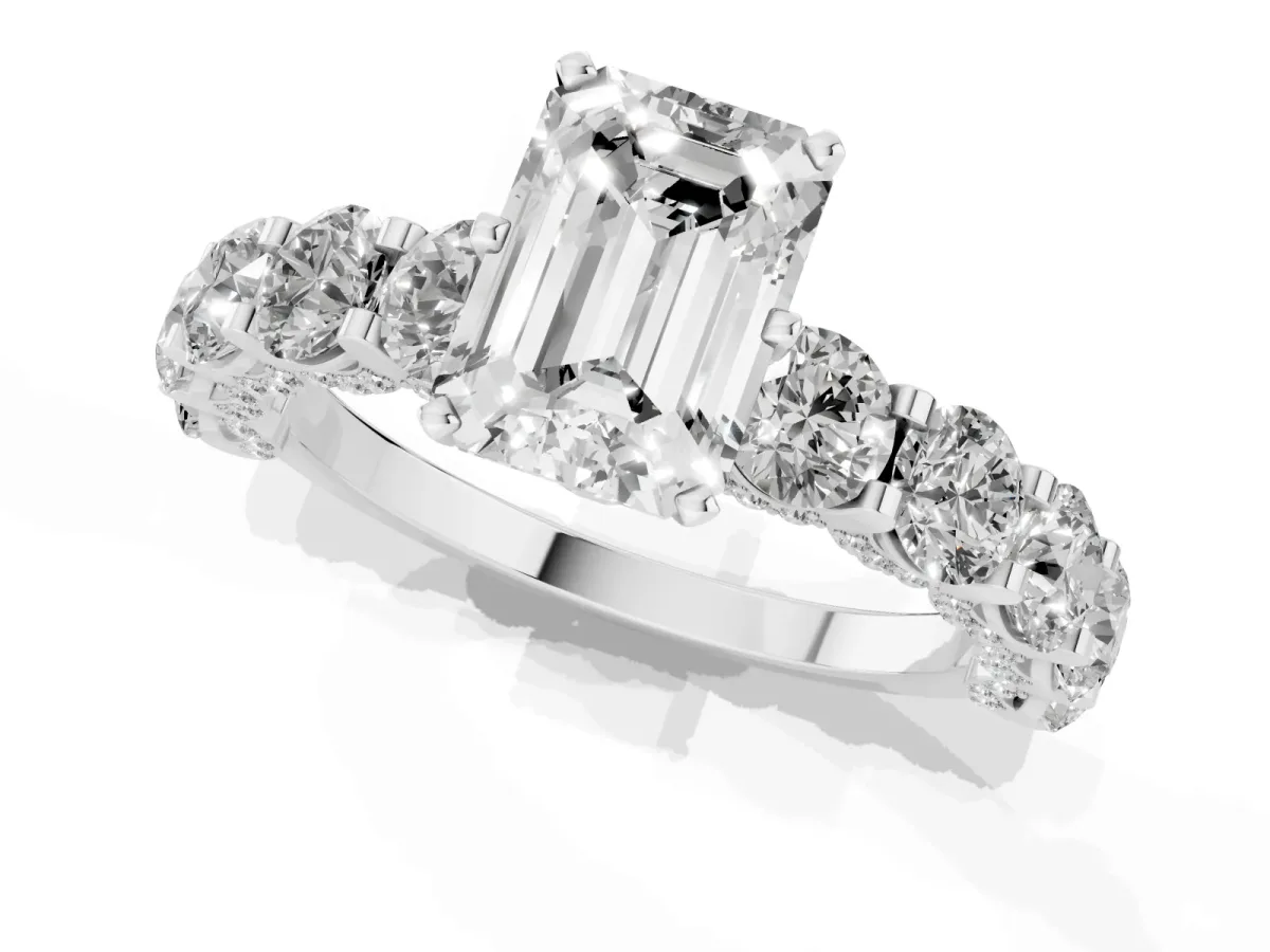 Emerald Cut Diamond Side Stone Engagement Ring with Four-Prong Setting Silver