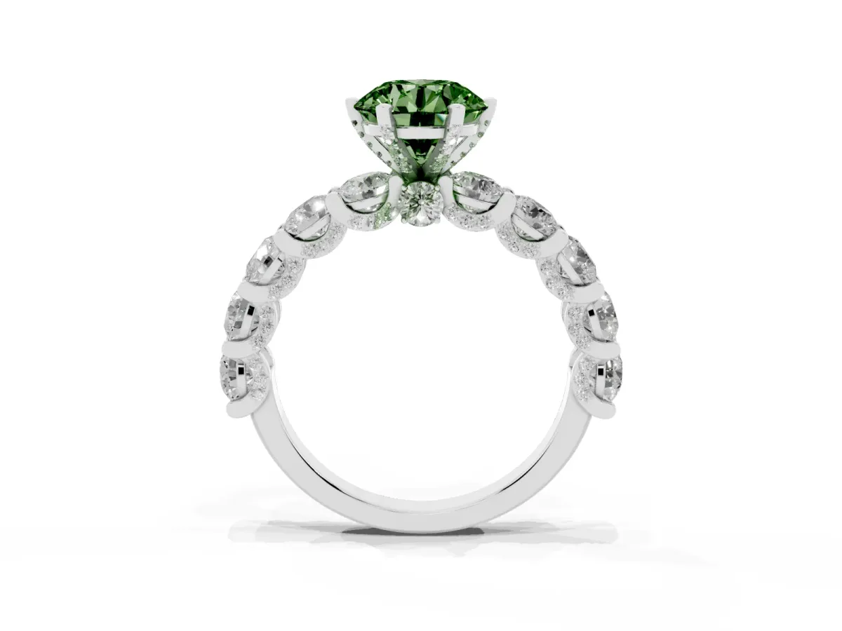 Fancy Green Round Cut Diamond Side Stone Engagement Ring with Four-Prong Setting Platinum