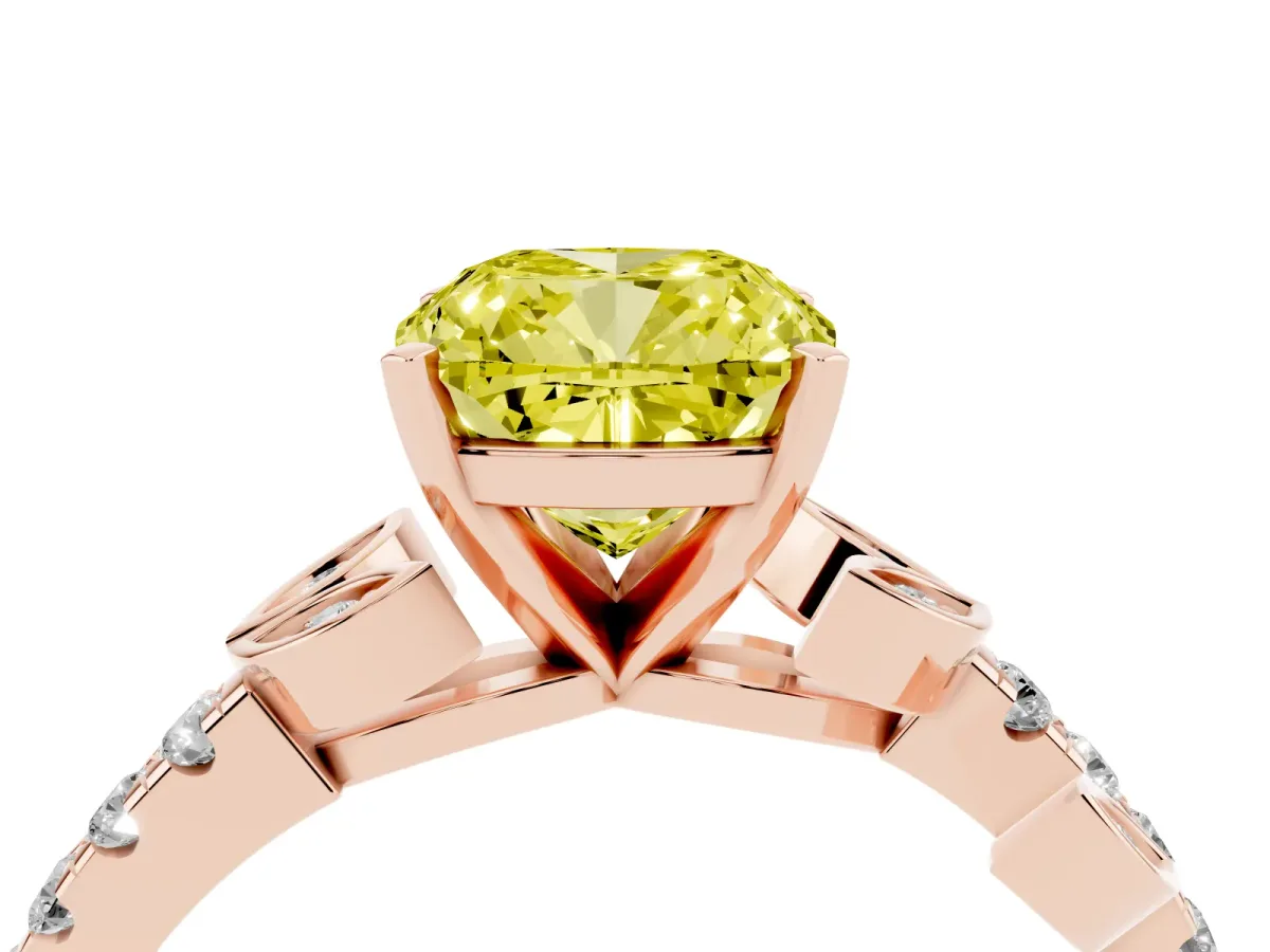 Fancy Yellow Cushion Cut Solitaire Leaf-Inspired Diamond Ring with Pavé Band and Four-Prong Setting Rose gold