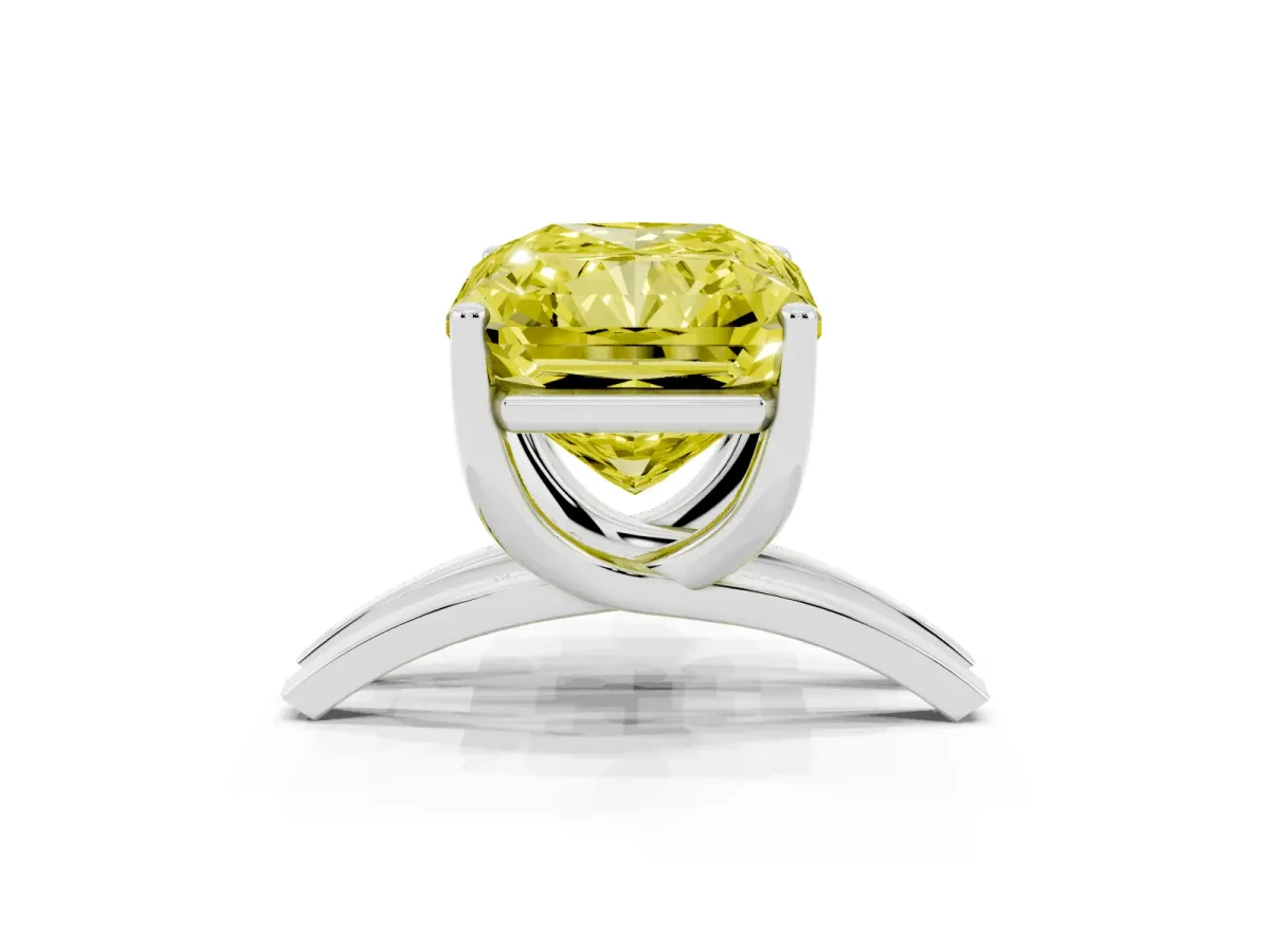 Fancy Yellow Radiant Cut Cut Diamond Solitaire Engagement Ring with Tapered Plain Band and Four-Prong Setting Silver