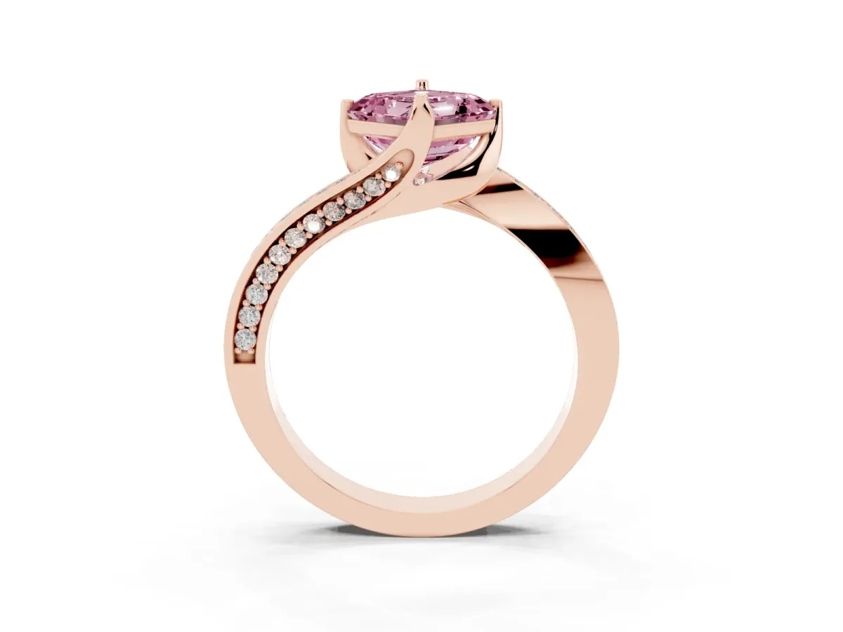 Fancy Pink Asscher Cut Solitaire Diamond Twist Band with Pavé Setting and Four-Prong Setting Rose gold