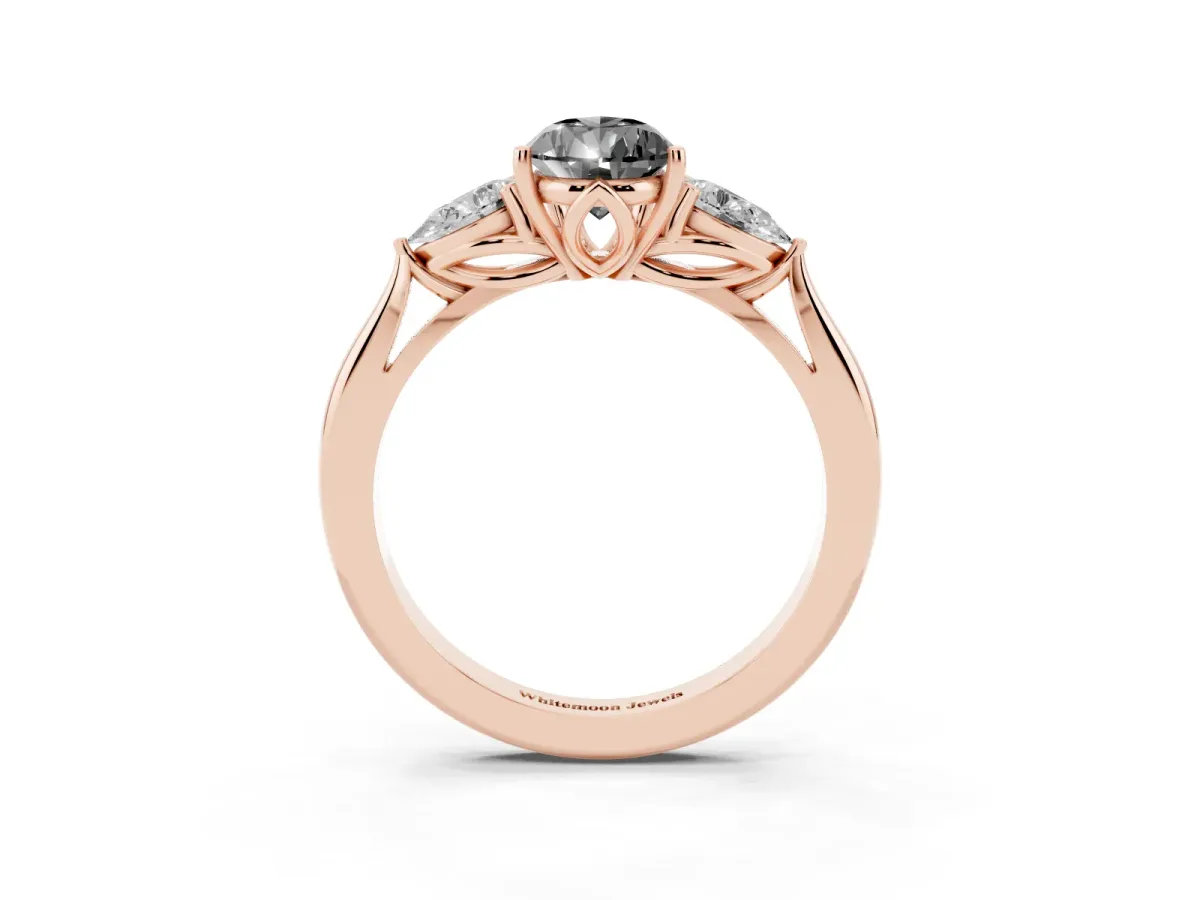 Fancy Black Pear Cut Diamond Three-Stone Ring with Pear Side Stones and Prong Setting Rose gold