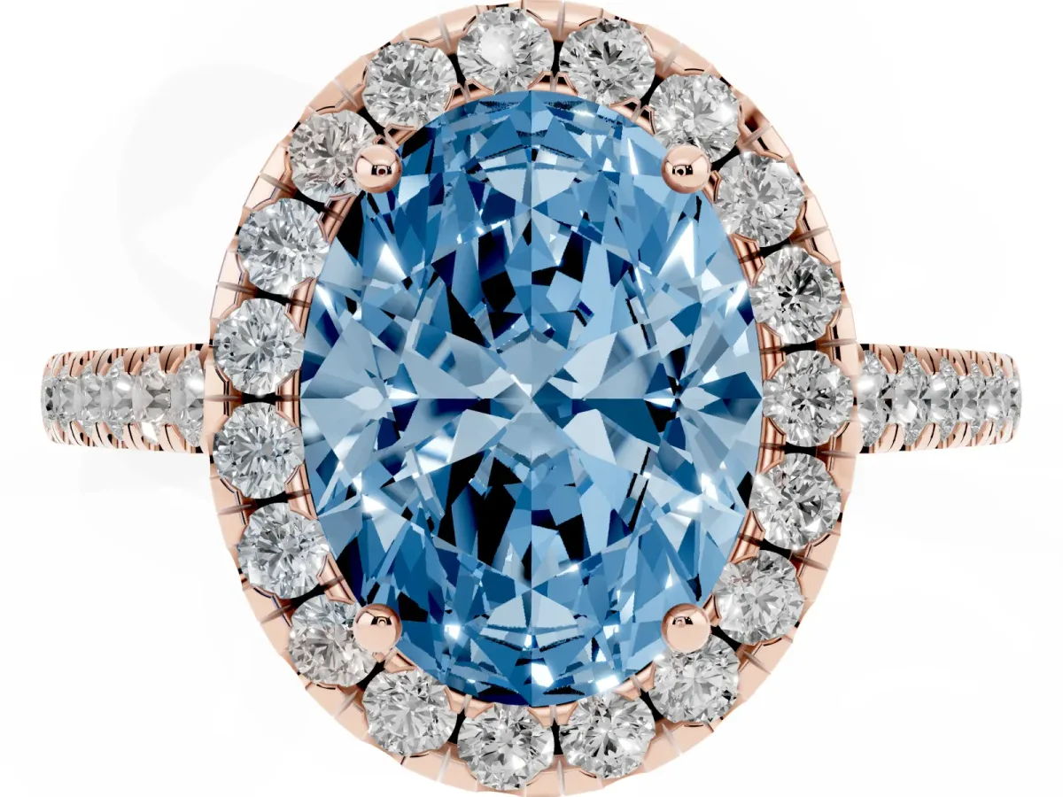 Fancy Blue Oval Cut Halo Pave Diamond Engagement Ring with Four-Prong Setting Rose gold