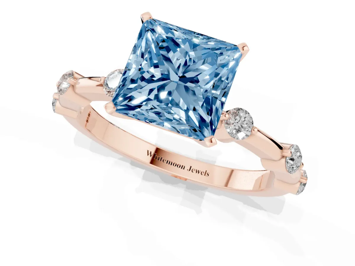 Fancy Blue Princess Cut Solitaire Diamond Ring with Bezel Set Side Stones and Prong Setting Rose gold