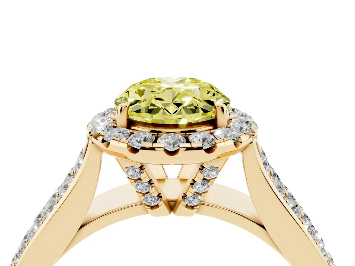 Fancy Yellow Oval Cut Halo Round Diamond Pave Band with Prong Setting Yellow gold