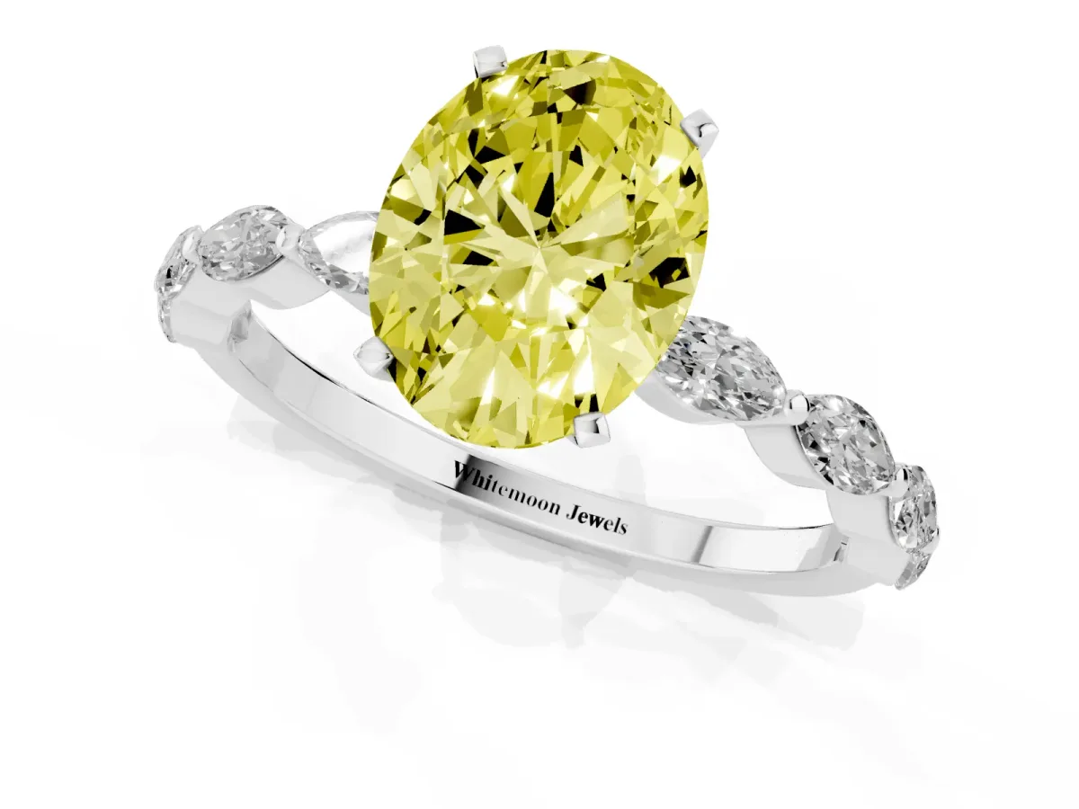 Fancy Yellow Oval Cut Diamond Ring with Marquise Side Stones and Prong Setting Platinum