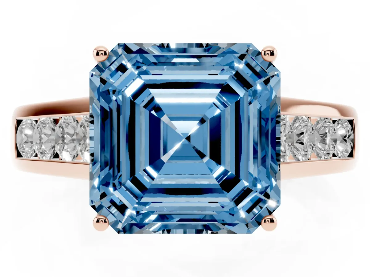 Fancy Blue Asscher Cut Brilliant Channel-Set Solitaire Ring with Four-Prong Setting Rose gold