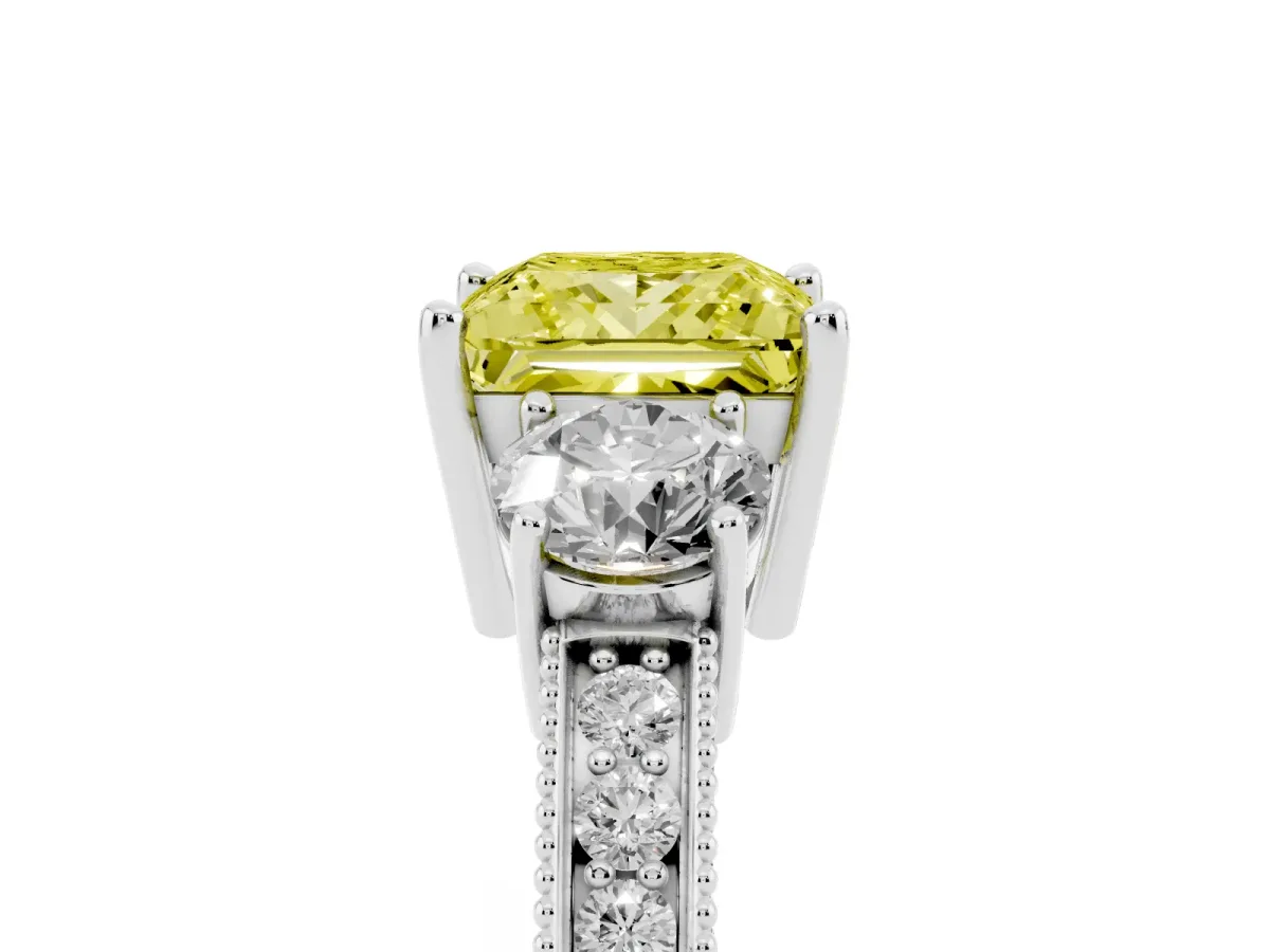 Fancy Yellow Princess Cut Three-Stone Diamond Ring with Pavé Band and Four-Prong Setting Silver