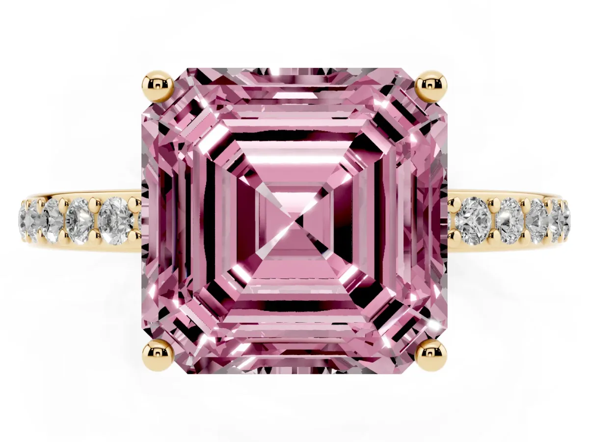 Fancy Pink Asscher Cut Cut Diamond Pavé Band Ring with Four-Prong Setting Yellow gold