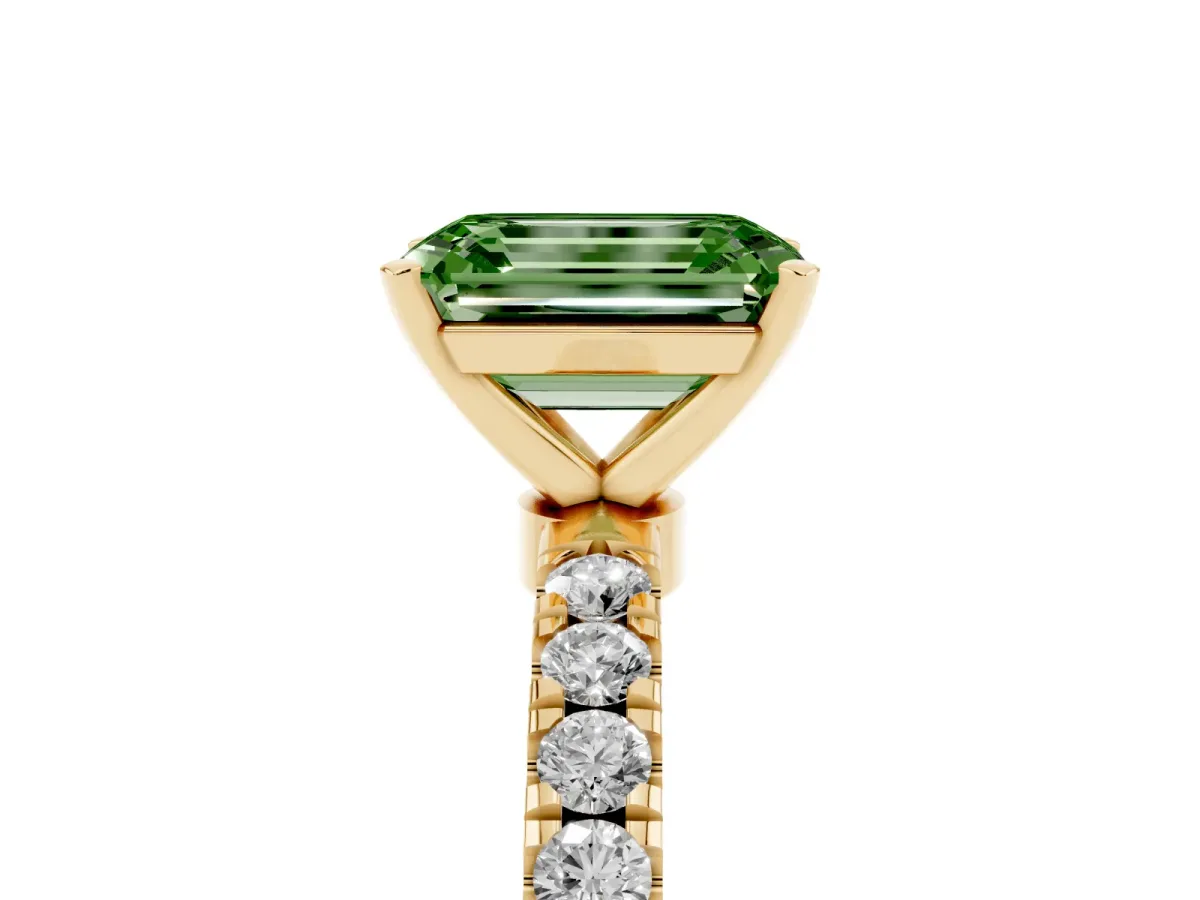 Fancy Green Emerald Cut Diamond Solitaire Ring with Pavé Accents and Four-Prong Setting Yellow gold