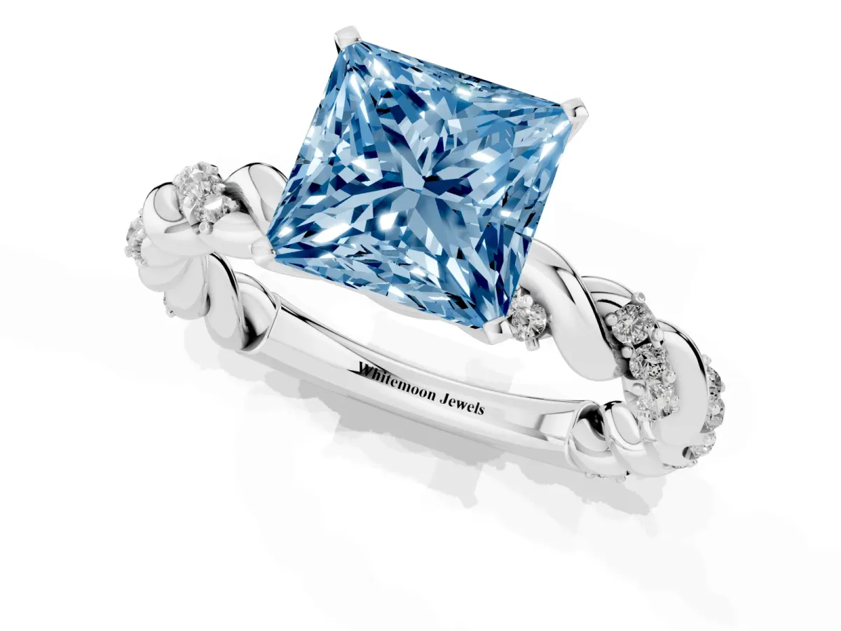 Fancy Blue Princess Cut Diamond Solitaire Ring with Twisted Band and Pavé Accents Silver