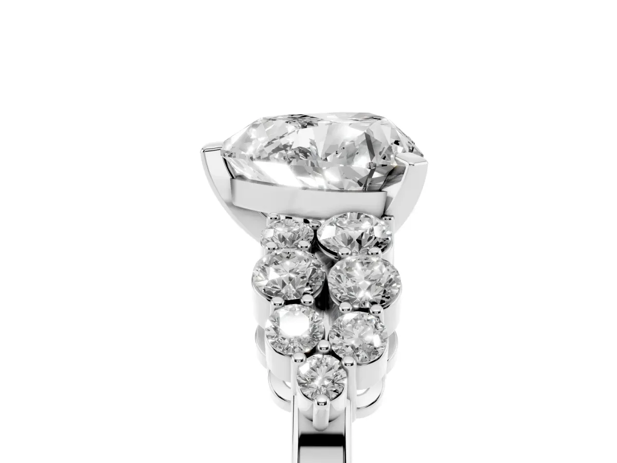 Heart Cut Cluster Diamond Engagement Ring with Pavé Band and Four-Prong Setting Silver