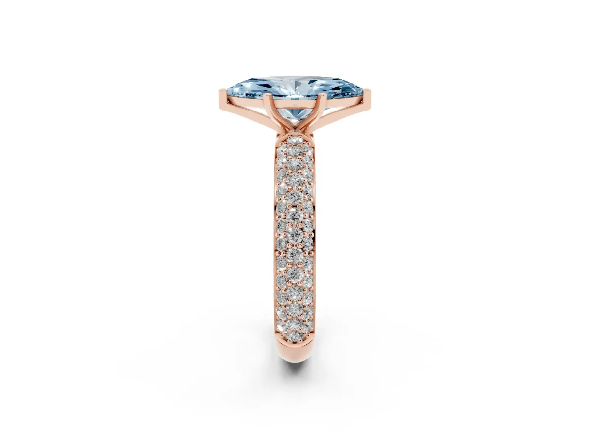 Fancy Blue Marquise Cut Diamond Solitaire Ring with Prong Setting and Pavé Band Rose gold