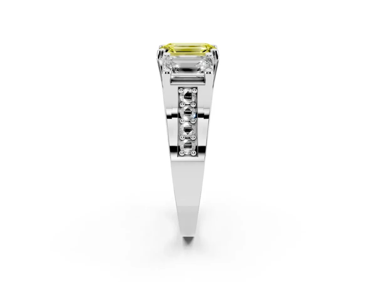 Fancy Yellow Emerald Cut Diamond Three-Stone Ring with Channel Set Band and Four-Prong Setting Platinum
