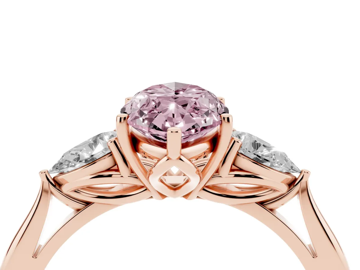 Fancy Pink Marquise Cut Diamond Three-Stone Ring with Pear Side Stones and Prong Setting Rose gold