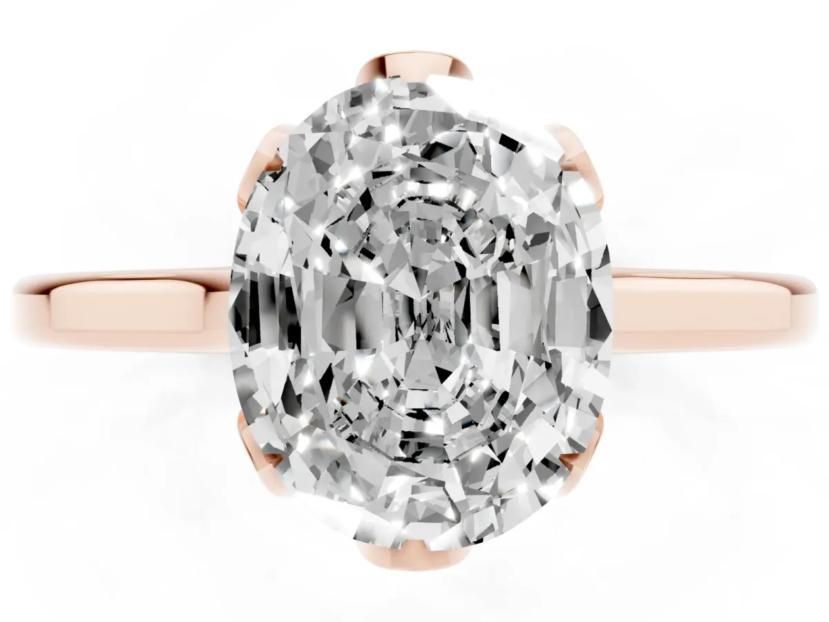 Oval Cut Diamond Solitaire Ring with Flower Prong Setting and Classic Band Rose gold